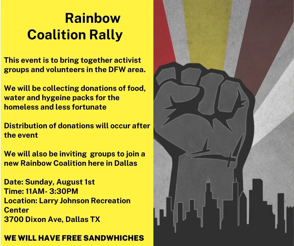 Join us next Sunday w/ <a href="/PSLDFW/">PSL DFW</a> <a href="/AAirsoftist/">Anarcho-Airsoftist</a> @pdhouselessaid <a href="/FNBDallas/">Food Not Bombs Dallas</a> <a href="/CollinYDs/">Collin County Young Democrats</a> <a href="/NextGenAction/">Next Generation Action Network (NGAN)</a> <a href="/EFJBGC/">Elm Fork John Brown Gun Club</a> <a href="/SRA_DFW/">Dallas/Fort Worth SRA</a> <a href="/DallasHouseless/">Dallas Houseless Committee</a> <a href="/DallasHra/">Dallas HRA</a> <a href="/DallasMedics/">Street Medics Dallas</a> #brownberets and others!

#dallasprotests #dallasprotest #dallasactivist #dallasactivism #blmdallas #dallas #dallasmutualaid