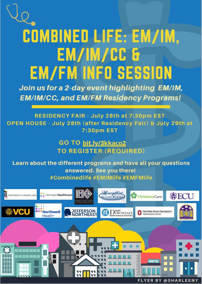 BeaulieuMD's tweet photo. Medical students looking to pursue a combined program -  SIGN UP HERE: https://t.co/cZYt2Es611 for the Combined Programs Residency Fair next Wednesday! #CombinedLife #EMIMLife @SAEM_RAMS @ACOEPRSO @emresidents @AAEMRSA @CDEMstudents @SAEMonline @CORD_EM @aaeminfo @ACOEP https://t.co/L8GKerw595