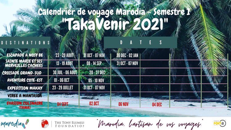 Marodia6's tweet photo. Les périodes de vacances battent encore son plein ! 
Notre calendrier pourrait vous aider à vous projeter, n’hésitez pas à rentrer en contact avec nous.

#TakavenirAvecNous #Voyage #Madagascar #Marodia #Vacances2021 #VacancesdÉté https://t.co/cBQzssTxxn