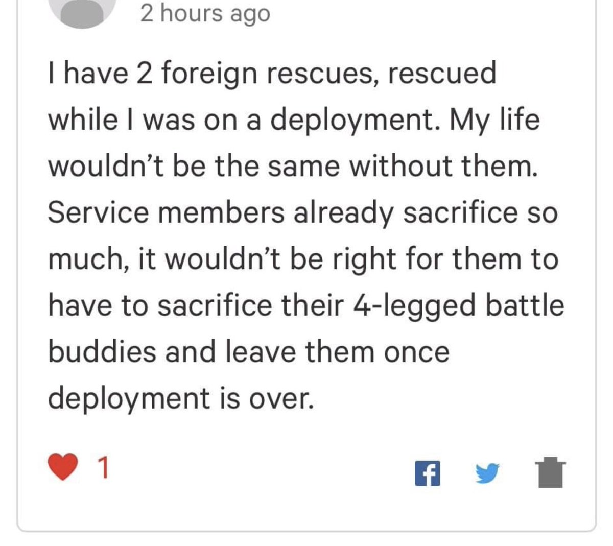 Mom2Nomads's tweet photo. How can we ask our military to serve then tell them they can’t bring their 4 legged family members home? End the cruel @CDCgov ban on dogs @WhiteHouse @POTUS @VP @CDCDirector #StopCDCDogBan #CDC https://t.co/RrJOM8vEuj
