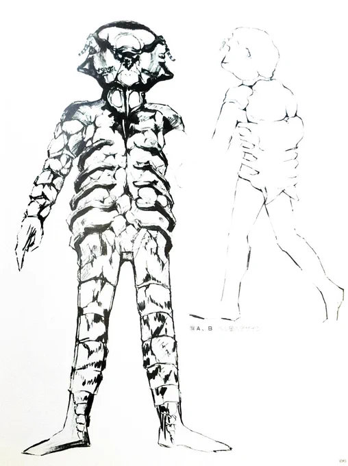 成田亨画集のベル星人とグモンガのデザイン画を改めて見てみる。解説を読むに成田氏的にはグモンガはベル星人の背中っぽい材質の装甲(?)が付いてる感じにしたかったのかな?それとベル星人のモチーフはクモだったのか、コオロギと思ってた。#ウルトラセブン#成田亨 