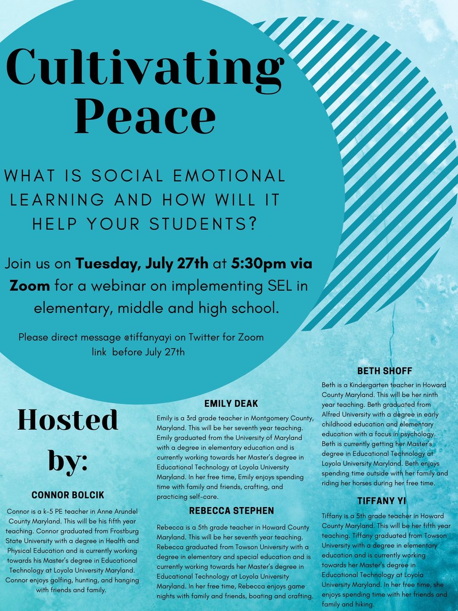 Come join our webinar on July 27th at 5:30pm on cultivating peace in your classroom. Learn more about implementing SEL in elementary, middle &amp; high school. See below for more details! Please DM for link to Zoom prior to July 27th.  #ET662 <a href="/nancycswanson/">Nancy Swanson</a> @LoyolaET