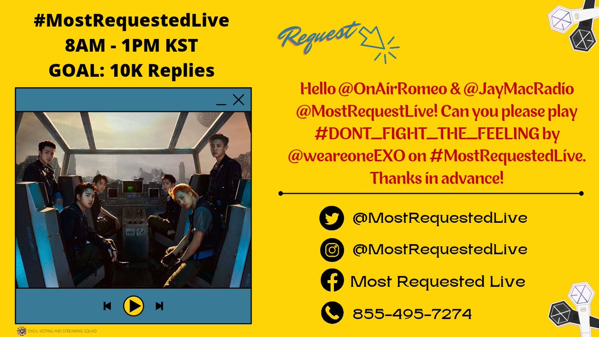 EVSS1485's tweet photo. Let's go, EXOL. We only have 5 hours to request. 

10K Replies. Shall we? 🔥

Drop 👇👇👇
Hello @OnAirRomeo &amp; @JayMacRadio @MostRequestLive! Can you please play #DONT_FIGHT_THE_FEELING by @weareoneEXO on #MostRequestedLive? Thanks in advance! https://t.co/A3CiaFOHBj