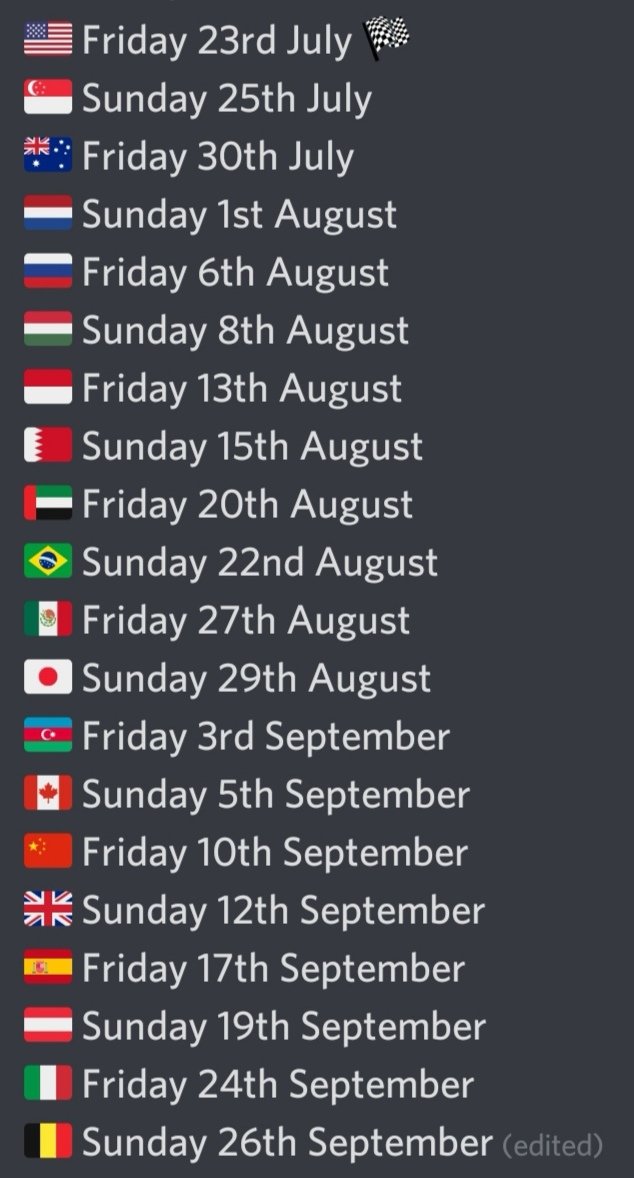 Good evening sports fans.

👀 below for your provisional Bette Jalle F1 season 10 calendar.  Stay tuned for info on when additional circuits like Imola and Portimao will be added, subject to released on F1 2021.
