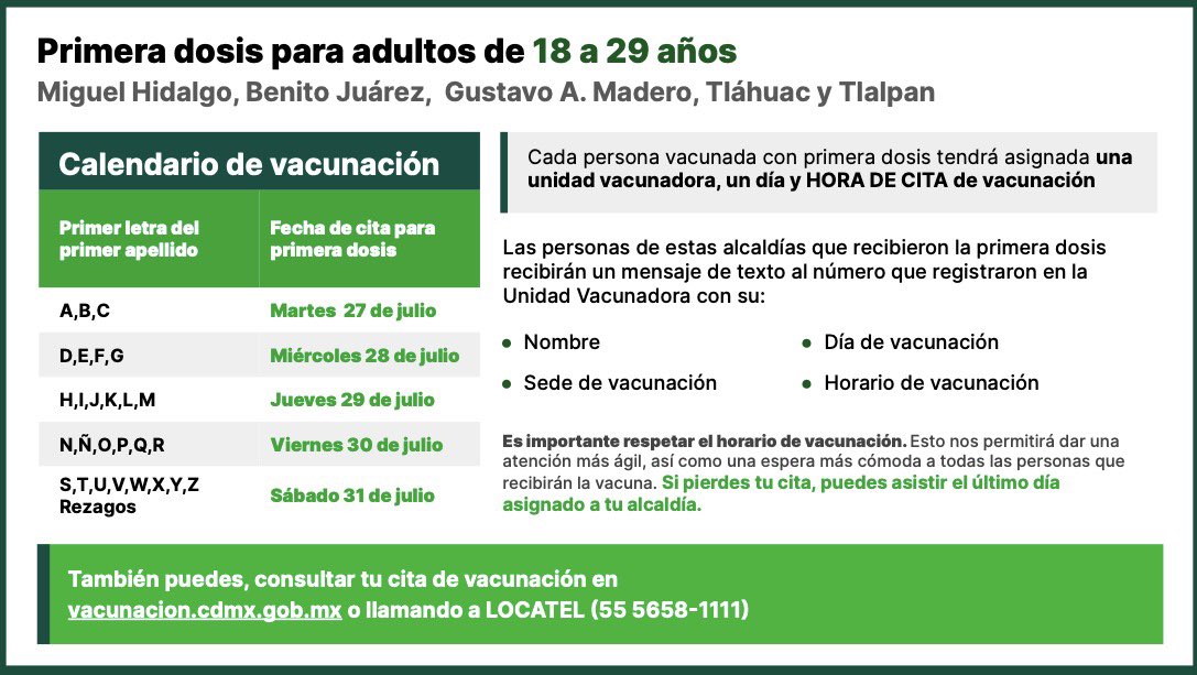 AyudaCDMX's tweet photo. La próxima semana se va a aplicar la 1ª dosis a personas de 18 a 29 años de la Ciudad. 

-Del 27 al 31 de julio en MH, BJ, GAM, Tláhuac (Sputnik V) y Tlalpan (Sinovac).

-Del 28 al 1 de agosto, en Iztacalco (Sinovac).

Calendario aquí 👇 #COVID19 #CDMX https://t.co/oSu6BKLBeq