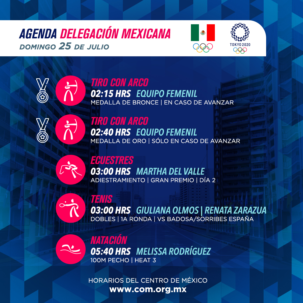 COM_Mexico's tweet photo. ¡Vamos 🇲🇽 por la conquista de #Tokyo2020!
Sigue a la delegación mexicana en #JuegosOlímpicos 🎉
👉Consulta el calendario en tiempo real en nuestro sitio web
https://t.co/4o0onJxI8A
(Horario del centro de México). https://t.co/WDa7ri6Dlt