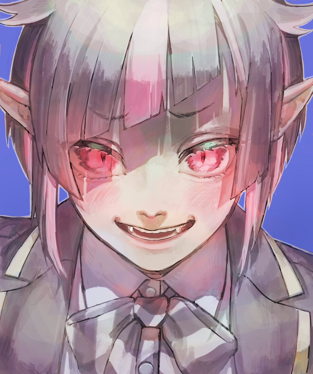 pointy ears solo blue background red eyes fangs smile looking at viewer  illustration images