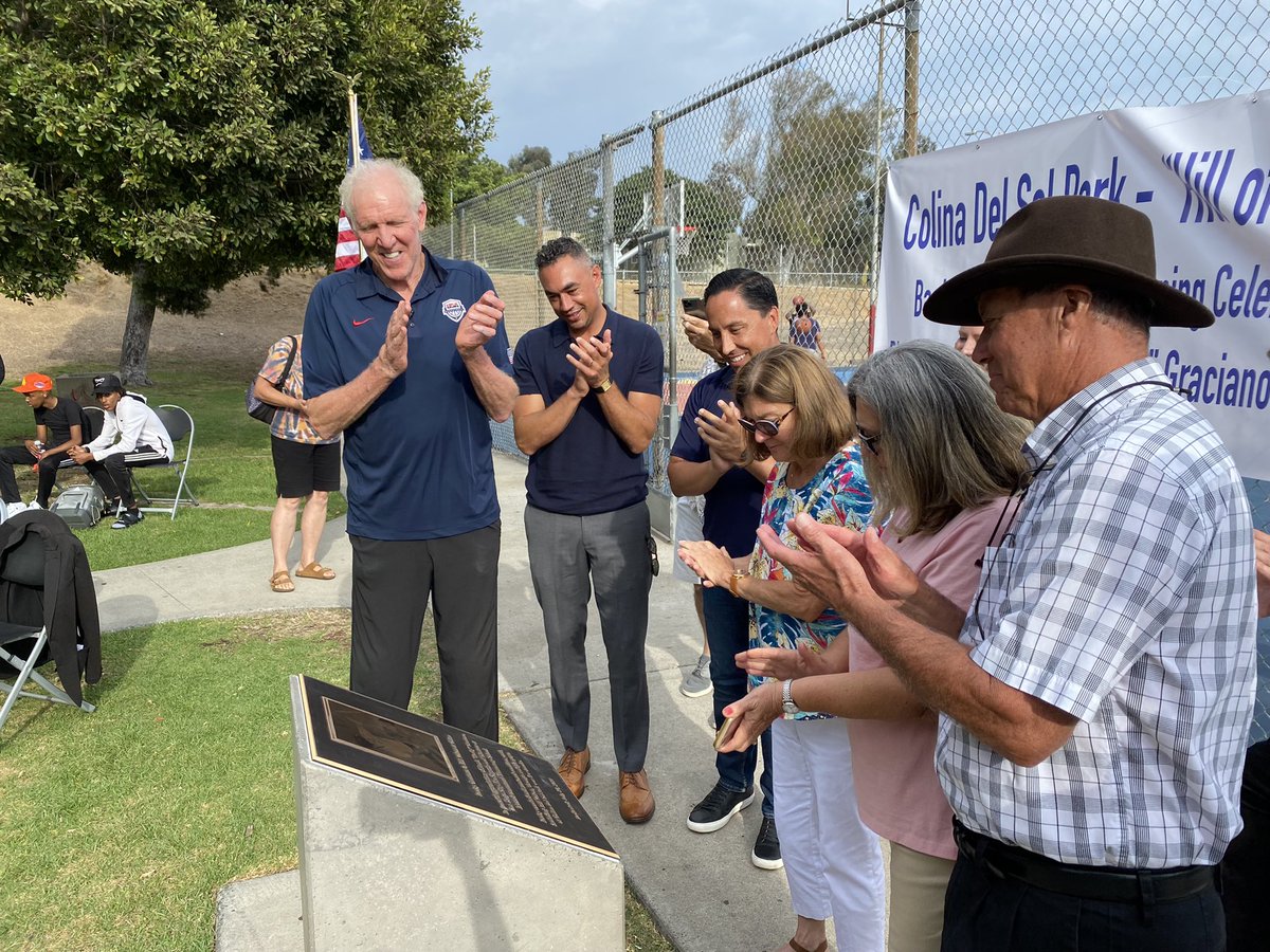 MayorToddGloria's tweet photo. Great evening in #ColinaDelSol with @SeanEloRiveraD9 for the Colina Del Sol Park's basketball court reopening! Today, we dedicated the court in honor of “Rocky” Graciano -- @BillWalton‘s first coach and mentor. Grateful for the community's work to make this possible. #ForAllofUs https://t.co/zYGFvr1mAt