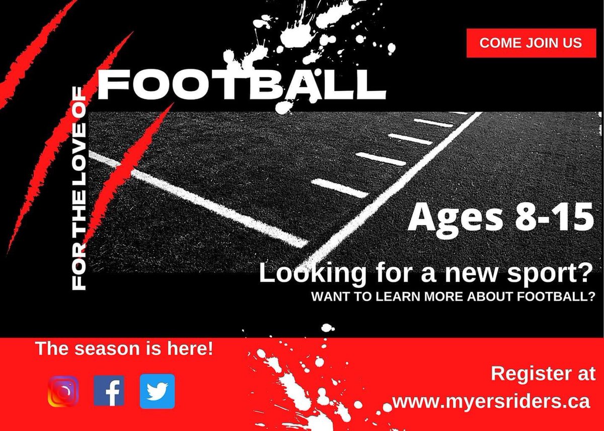 The season is here! Interested in playing? Know someone who may be interested? Like, share and register! #supportthesport #weareontariofootball #myersridersfootball