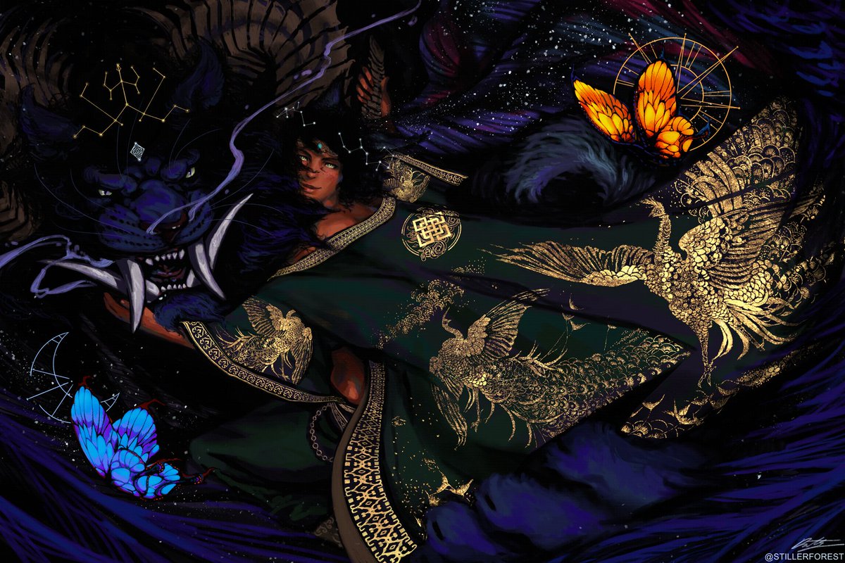 Stillerforest's tweet image. "The King's" - Featuring Oto'a Yahvi and Dantisdon Stillforest's monster form. Inspiration from @westlaketea's Chinoiserie, Precioso, Constellation crown. Fabric design by James McNeill Whistler. Both he/him. Digital painting with texture brushes.