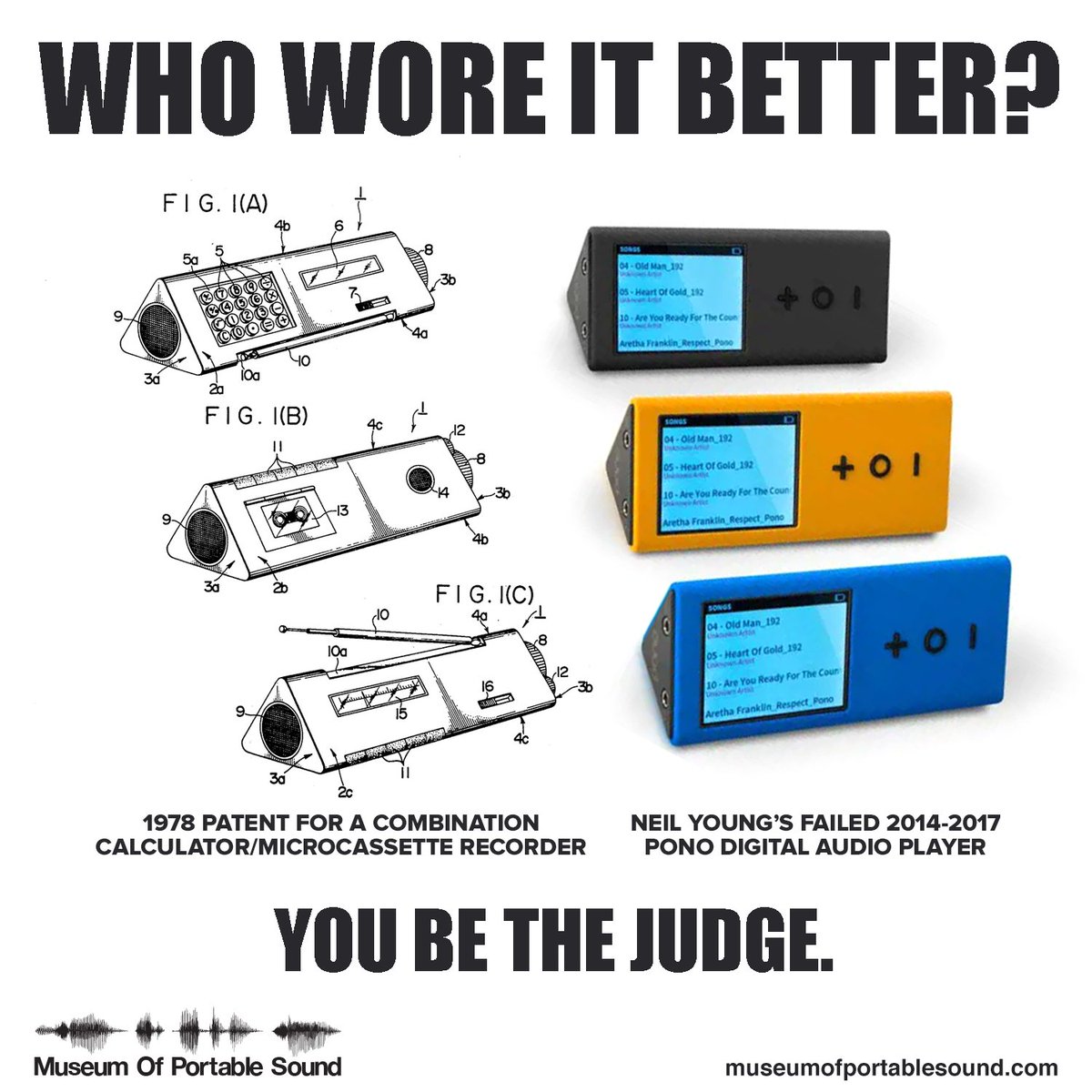 museumsound's tweet image. Who wore the #Toblerone look better – this 1978 patent for a combination calculator/AM-FM radio/microcassette recorder, or Neil Young's failed 2014-2017 Pono digital audio player? You be the judge.

#pono #digitalaudioplayer #microcassette #cassette #taperecorder #radio