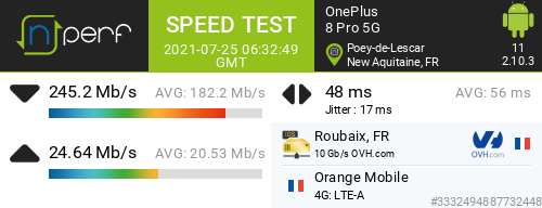 Odrilow's tweet photo. β245229 kb/s β24637 kb/s, β 48 ms / mobile:Orange Mobile / #OnePlus8Pro5G / #nPerf v2.10.3 / https://t.co/j9qiirvmq5