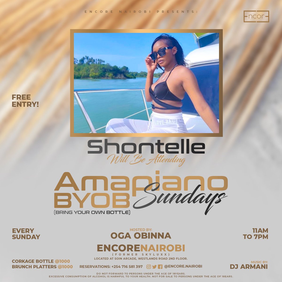 Encore.Nairobi (@nairobiencore) on Twitter photo Sundays are for Chilling.... to some easy listening Amapiano Vibes ....
Grab your Bottle and join us TODAY at <a href="/NairobiEncore/">Encore.Nairobi</a>
It is a BYOB Affair
Entrance if FREE
Corkage is 1,000 per bottle
Hosted by <a href="/ogaobinna/">ไธๆตทๅคๅด/ๆญๅทๅคๅด/ๅไบฌๅคๅด/ๅนฟๅทๅคๅด/ๆทฑๅณๅคๅด/่ๅทๅคๅด/ๅฆ้จๅคๅด/</a>
Amapiano by @djarmani_
KITCHEN IS OPEN FROM 11 am
#encorenairobi Sundays are for Chilling.... to some easy listening Amapiano Vibes ....
Grab your Bottle and join us TODAY at <a href="/NairobiEncore/">Encore.Nairobi</a>
It is a BYOB Affair
Entrance if FREE
Corkage is 1,000 per bottle
Hosted by <a href="/ogaobinna/">ไธๆตทๅคๅด/ๆญๅทๅคๅด/ๅไบฌๅคๅด/ๅนฟๅทๅคๅด/ๆทฑๅณๅคๅด/่ๅทๅคๅด/ๅฆ้จๅคๅด/</a>
Amapiano by @djarmani_
KITCHEN IS OPEN FROM 11 am
#encorenairobi