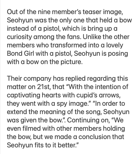 [SPECIAL TRIVIA] HOOT 🏹

Seo Juhyun was the only member carrying a bow and arrow on her concept poster instead of a gun, because the company determined she is the one that suits it best.

#SEOHYUN #서현 #서주현