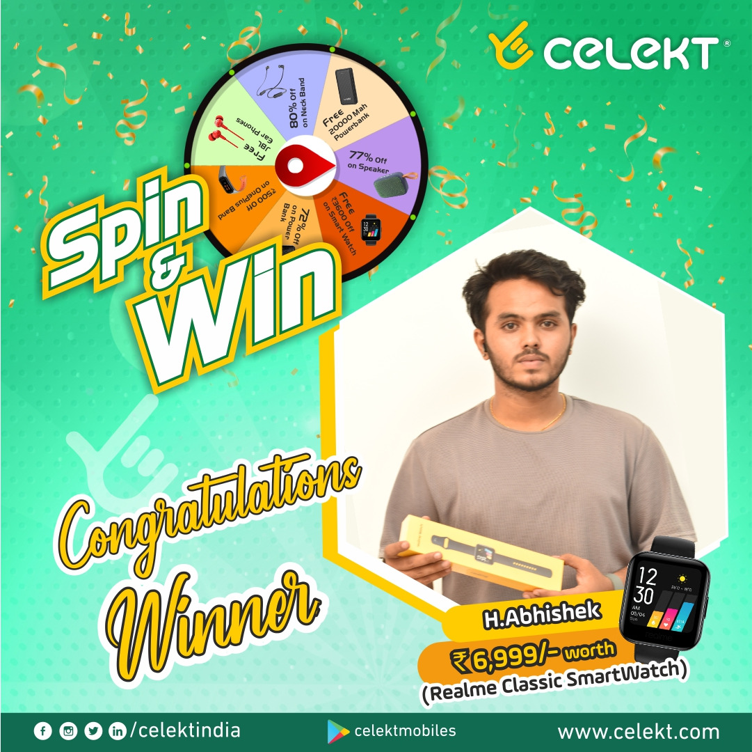 select_mobiles's tweet photo. Congratulations to the Spin and Win contest winner, Mr. H Abhishek. We hope you enjoy your Realme classic smartwatch. Continue participating in more such contests and keep winning.
#celektmobiles #gadgetshop #spintowin #spinandwin #giveaway #wheelofwonder #fortune ##winners https://t.co/N4QoIlh9tG