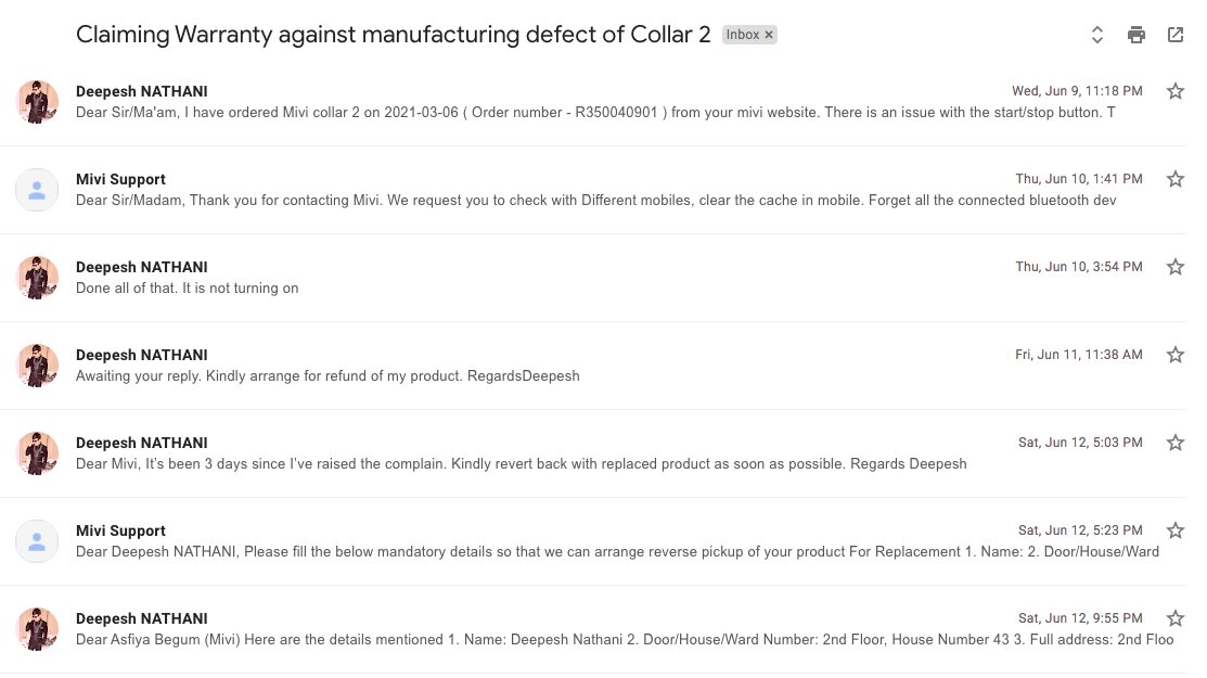 deepesh_nathani's tweet photo. Dear @Mivi_Official 
I am shocked by the irresponsible and negligence behaviour showcased by your support team.

Worst product (MIVI Collar 2) and customer support I have ever received. PFA the email thread of your ignorance and unacceptable delay of 45 days.
(1/2) https://t.co/RYF3913ibh