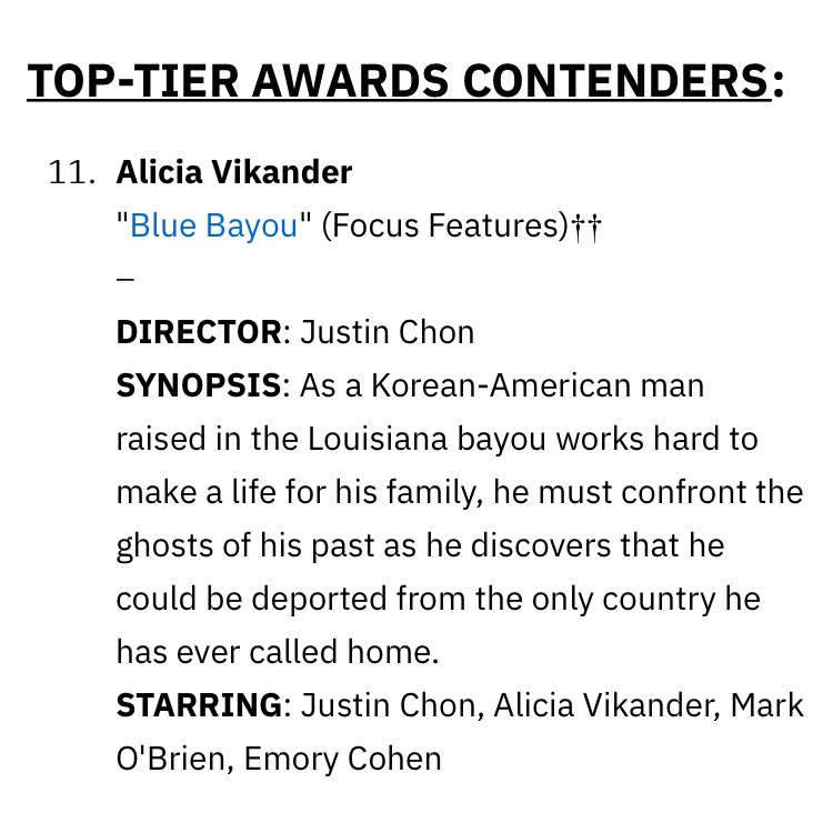 .@variety has listed alicia vikander as a top tier contender for ‘best actress in a leading role’ at the 2022 oscars for her role as kathy in blue bayou, directed by justin chon