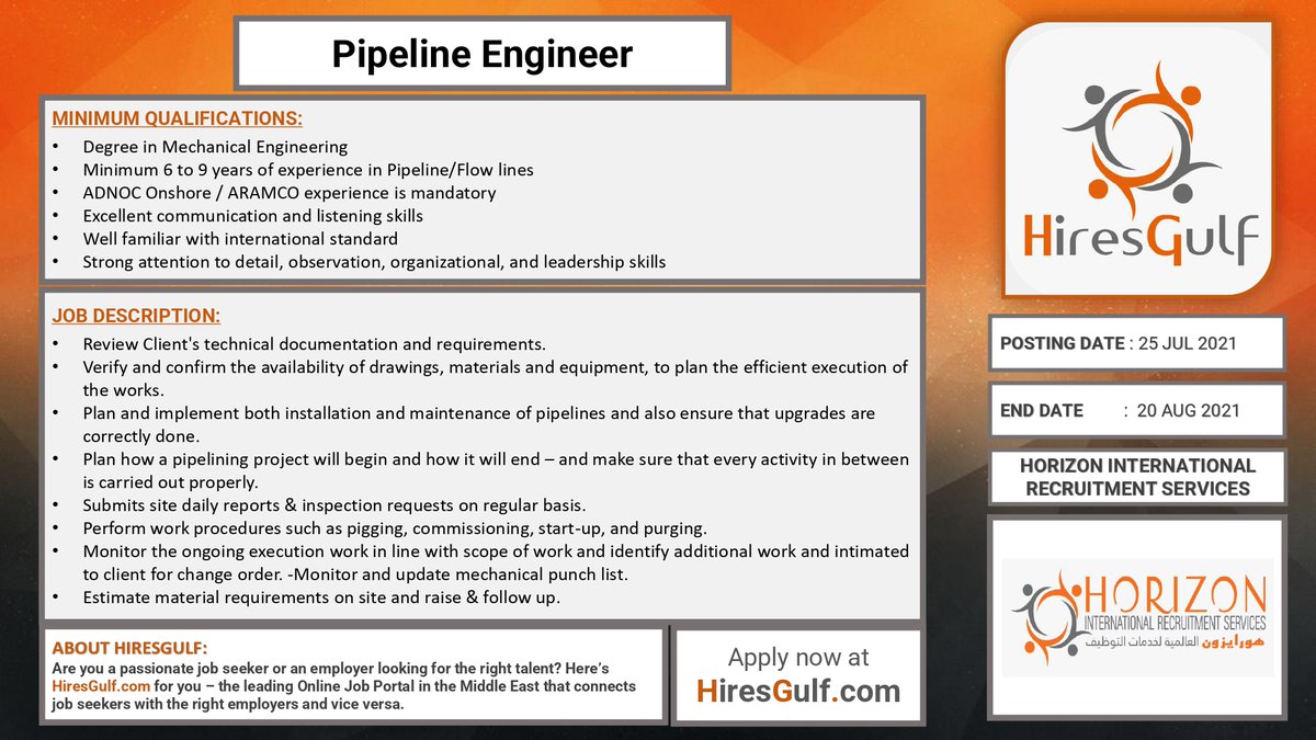 HiresGulf's tweet image. Hiring: PIPELINE ENGINEER - ABU DHABI, UAE
Apply Now: hiresgulf.com/job?jobId=31
For more career options register with HiresGulf.com today!
#pipelineengineer #hiresgulf #jobs #jobseekers #hiring #job #careers #opportunity #Trending