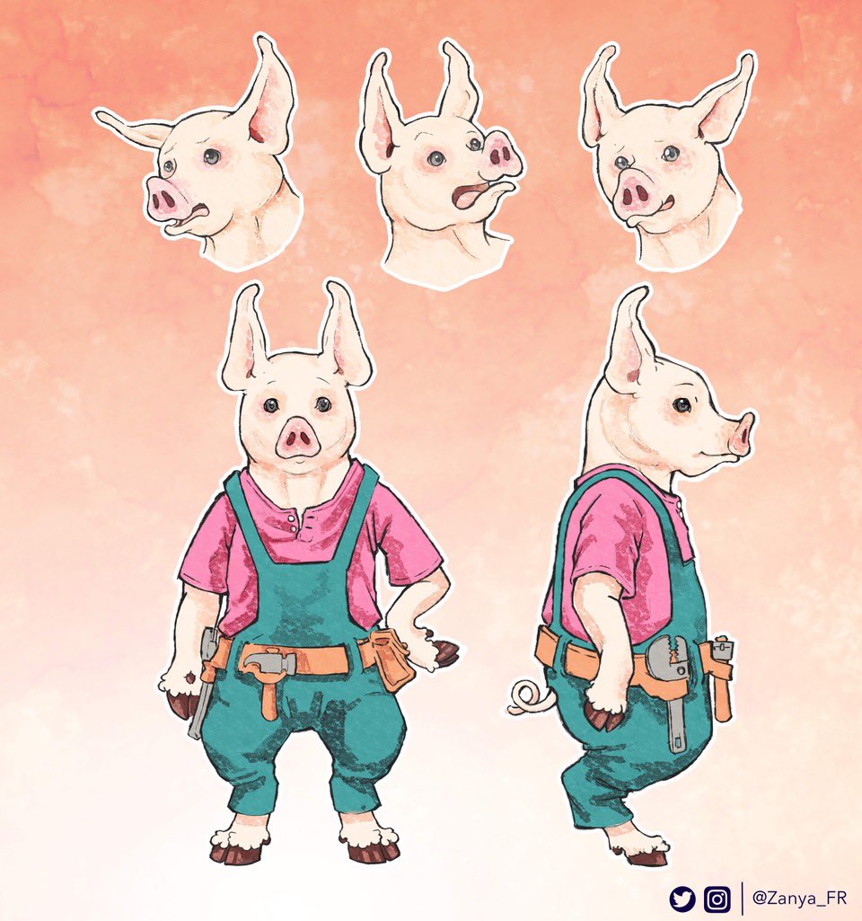 Zanya_FR's tweet photo. The last of our 3 pigs, the one whose house was made out of bricks ! My favourite design of the trio ✨❤️ 

#thethreelittlepigs #the3littlepigs #pig #animal #brick #drawing #turnaround #conceptart #character #characterart #fable #digitalart #art #artwork #illustration #zanya_FR https://t.co/L65YHl2zSa