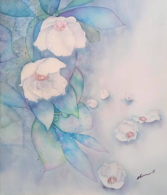 【沙羅】
初めてF10号に描きました。
一日花で花ごと落ちる様に、命の儚さを感じて題材にしました。

#水彩画
#透明水彩 