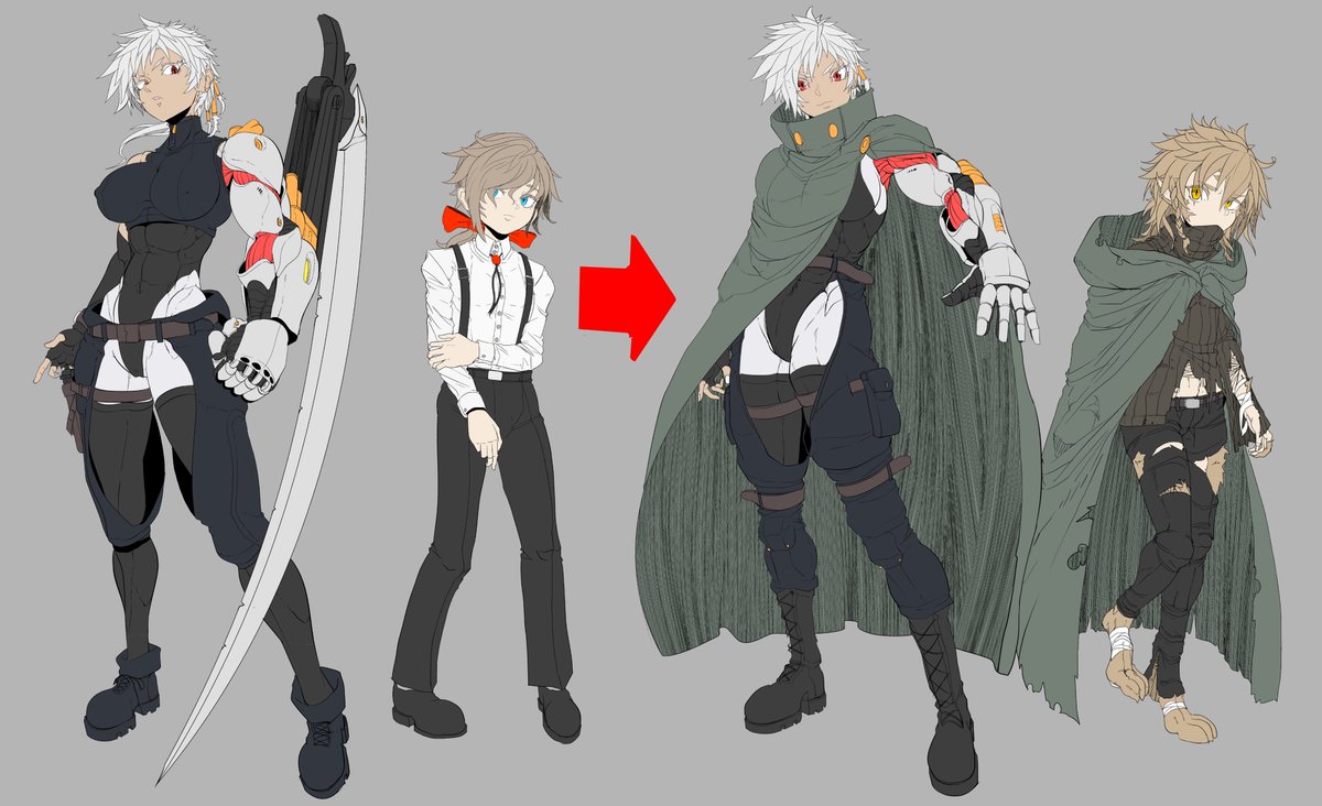 主人公勢はこういうデザインに変更しました。
大きな変更点としては主人公(女)の武器腕のブレードを削除、主人公(男の子)の全体のデザインです。
また微調整するかも 