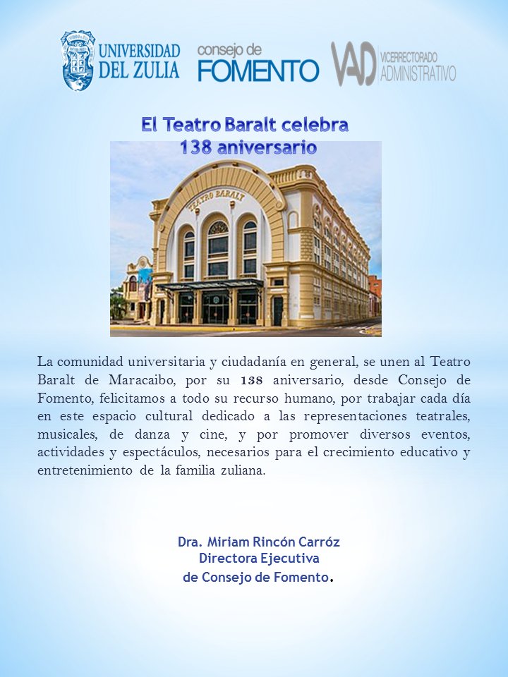 FomentoLUZ's tweet photo. Consejo de Fomento felicita al Teatro Baralt por su 138 aniversario... https://t.co/4sktl0MrvY