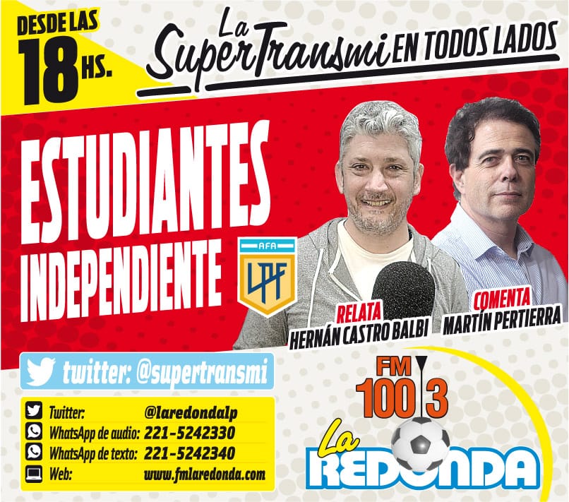 supertransmi's tweet photo. Vuelve el Fútbol.
Vuelve La #Supertransmi
🕖Desde las 18:00 prendete a la 📻
#Estudiantes
#Independendiente
🎙 @Castro_Balbi
🎙 @martinpertierra
🎧 @serranofer 
Desde 1997 Transmitimos ⚽️
@LaRedondalp "La voz de la ciudad" https://t.co/jqQpcf9Rvt