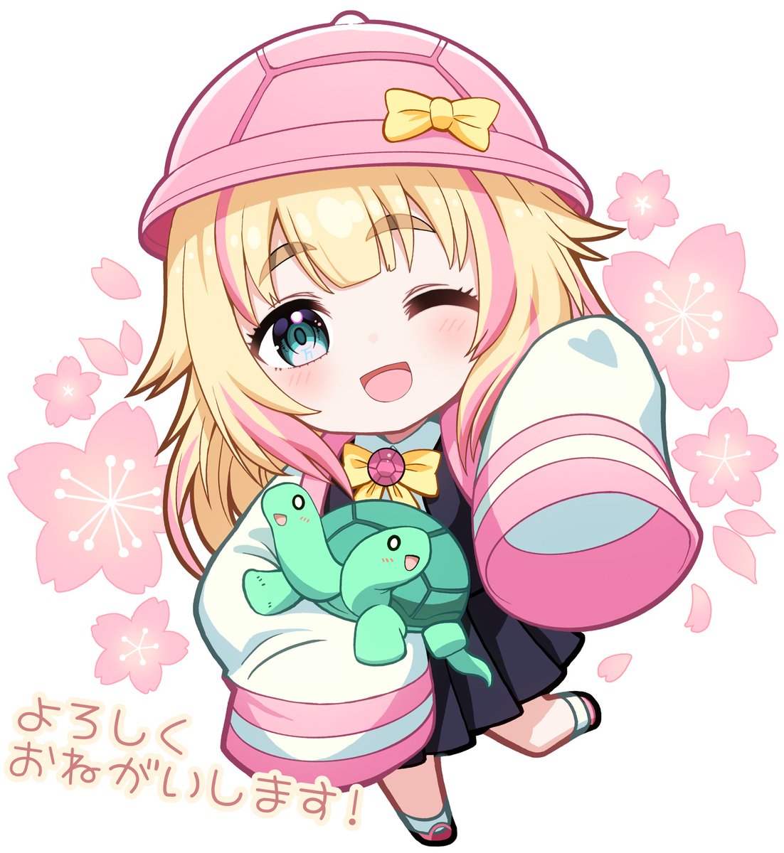 1girl one eye closed blonde hair sleeves past fingers hat sleeves past wrists pink hair  illustration images