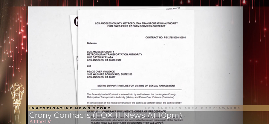 The #LAEmmys for Investigative News Story goes to KTTV-TV (<a href="/FOXLA/">FOX 11 Los Angeles</a>) for “Crony Contracts (Fox 11 News at 10pm),” Bill Melugin (@BillFOXLA), Luc Nixon, Sam Dubin (<a href="/sdprod/">Sean S</a>).