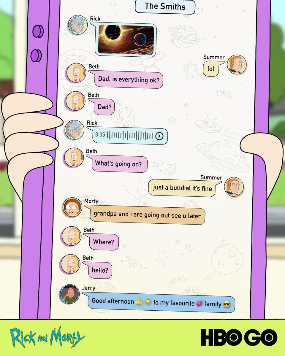 HBOAsia's tweet photo. Every family has a group chat, even dysfunctional ones who have intergalactic adventures.

All five seasons of #RickAndMorty are now streaming on HBO GO, with new episodes every Monday! https://t.co/5Hem7RKwYn
