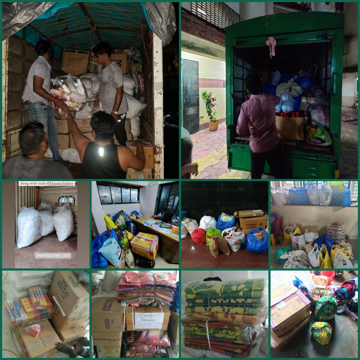 Thank you kind folks from Mumbai, Thane, Navi Mumbai who shared clothes, candles, biscuits, water,  sanitary kits, blankets, bed sheets, chatai (grass mats) &amp; other essentials for #khaanachahiye s sos drive to #Chiplun

The 1st convoy has left #Mumbai powered by YOU

Thank you ❤️