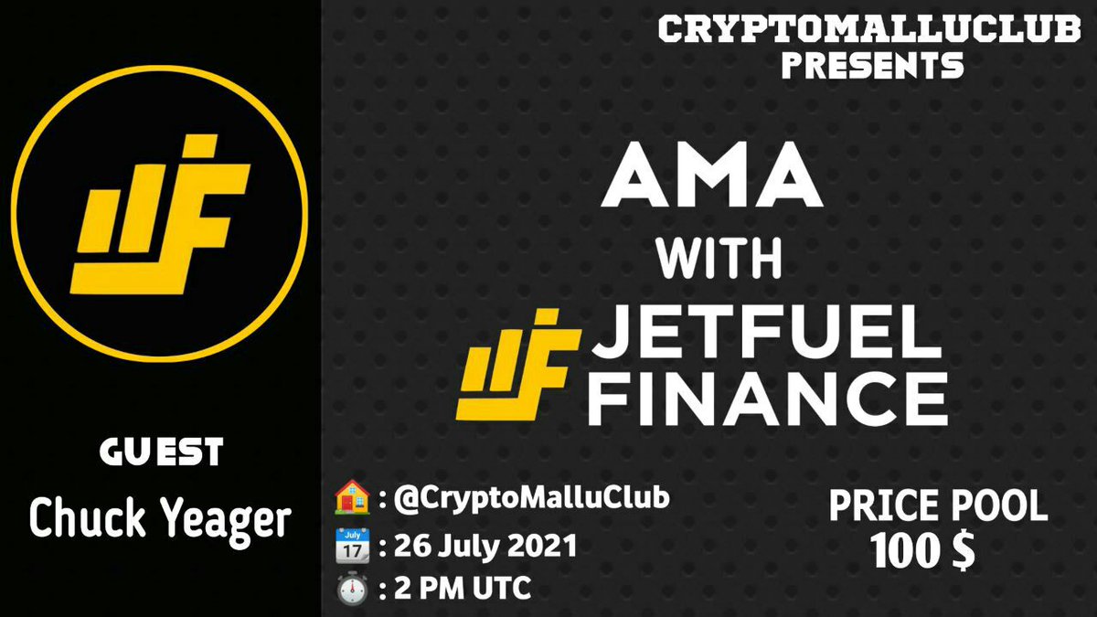CryptoMallu Club🎁 (@cryptomalluc) on Twitter photo CRYPTOMALLU CLUB✅ is proud to announce our AMA session with JETFUEL FINANCE on 26 th JULY at 2:00 PM UTC🎷
Rules:-
🏠FOLLOW <a href="/Jetfuelfinance/">Jetfuel Finance Multi Chain Ecosystem 🚀</a> & <a href="/CryptomalluC/">CryptoMallu Club🎁</a>
🏠❤️ and Retweet
🏠Comment your questions and tag 3 friends
🏠 Maximum 4 quests/user
❇VENUE : t.me/CryptoMalluclub CRYPTOMALLU CLUB✅ is proud to announce our AMA session with JETFUEL FINANCE on 26 th JULY at 2:00 PM UTC🎷
Rules:-
🏠FOLLOW <a href="/Jetfuelfinance/">Jetfuel Finance Multi Chain Ecosystem 🚀</a> & <a href="/CryptomalluC/">CryptoMallu Club🎁</a>
🏠❤️ and Retweet
🏠Comment your questions and tag 3 friends
🏠 Maximum 4 quests/user
❇VENUE : t.me/CryptoMalluclub