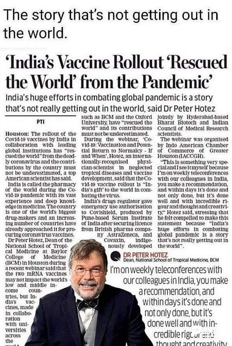 DataRvls's tweet photo. “India's Covid vaccine rollout 'rescued the world” @PeterHotez : Top US scientist https://t.co/wtjq5cj9nl
