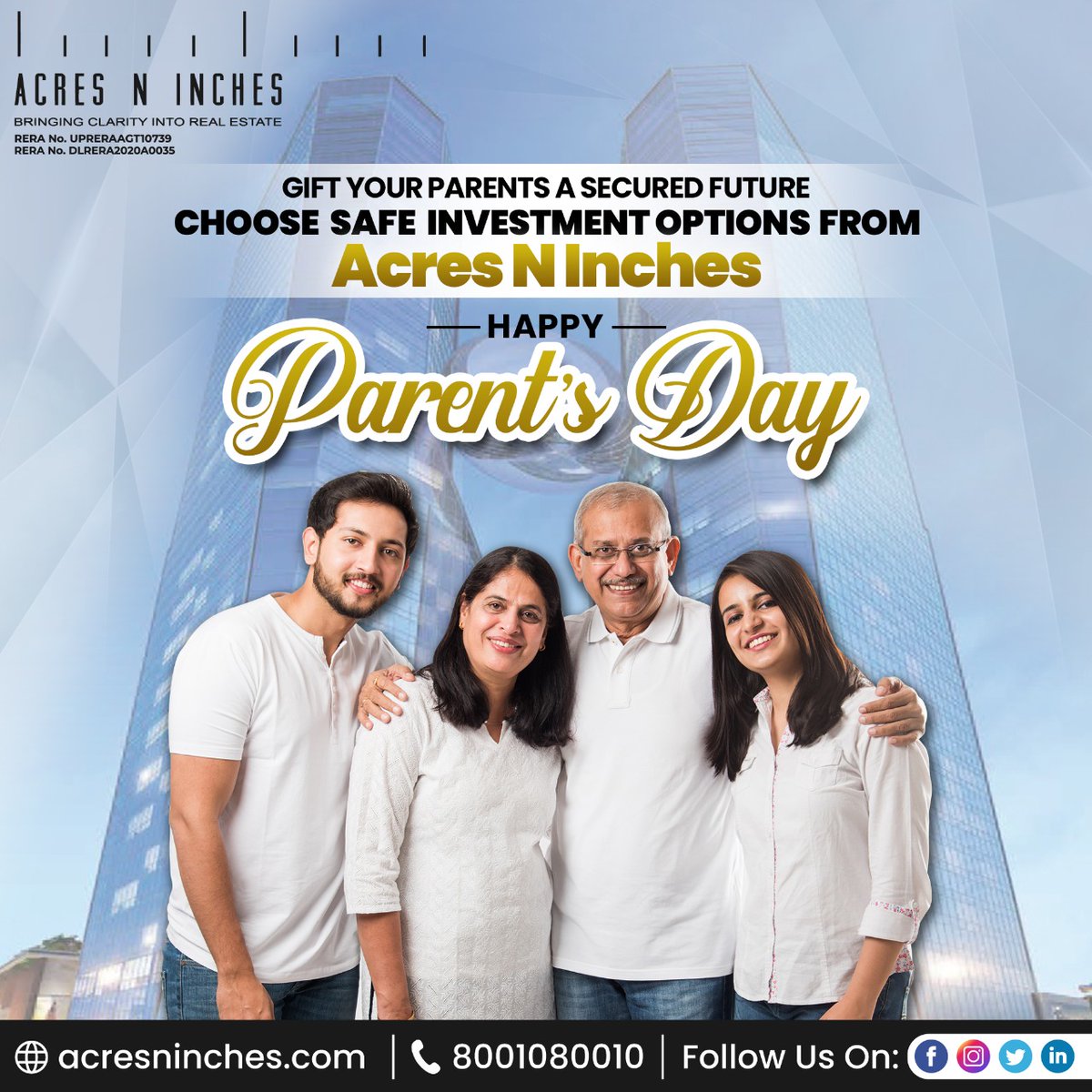 This Parent's Day, gift your parents a secured future. Choose safe investment options from Acres N Inches. Happy Parents Day 2021.

#AcresNInches #ANI #ParentsDay #GiftOfCare #Parents #LoveYouParents