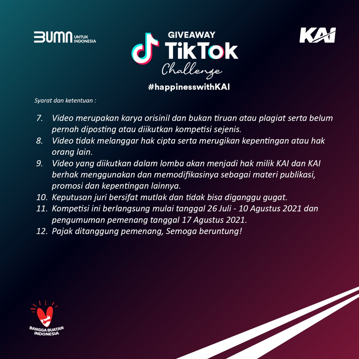 KAI121's tweet photo. Minggu santuy, #SahabatKAI!
Yuk ikutan TikTok Challenge, hadiah total Rp8 jt! Buat video kreatif dgn tema yg telah ditentukan. Follow akun TikTok KAI121_ , like & share konten di TikTok KAI121_
Baca S&K-nya, agar peluang menang makin besar. Selamat berkreasi!
#HappinessWithKAI https://t.co/tkW7Yva0bq