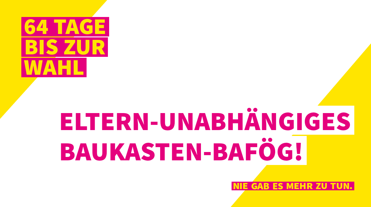 Mtl. Sockelbetrag von 200€  + 200€ bei ehrenamtlichem Engagement oder Nebentätigkeiten + mtl. anpassbares, zinsfreies und erst bei gutem Einkommen rückzahlbares Darlehen. Förderhöchstdauer = Regelstudienzeit + 2 Semester, Zuverdienstgrenzen anheben, Beantragung digitalisieren.