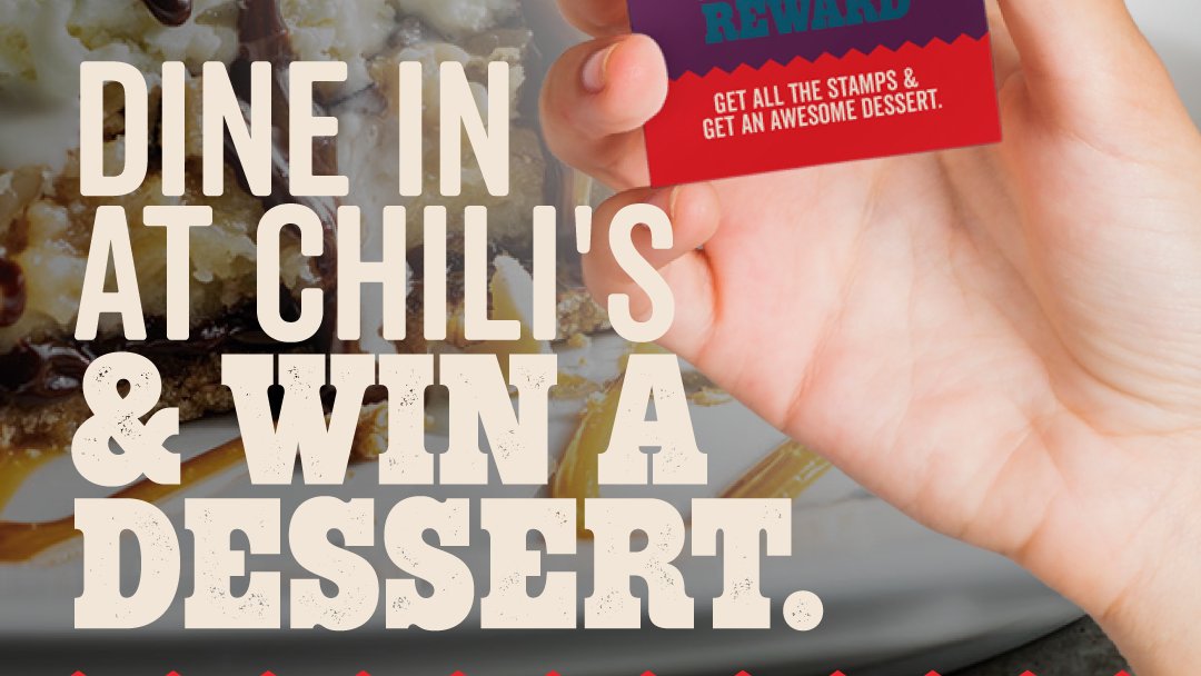 ChilisUAE's tweet photo. Grab your Chili's Reward Card when you dine in at any #ChilisUAE restaurant and get a *FREE DESSERT when you complete all 6 stamps!

*T&amp;Cs apply. https://t.co/YFwkvwGubH