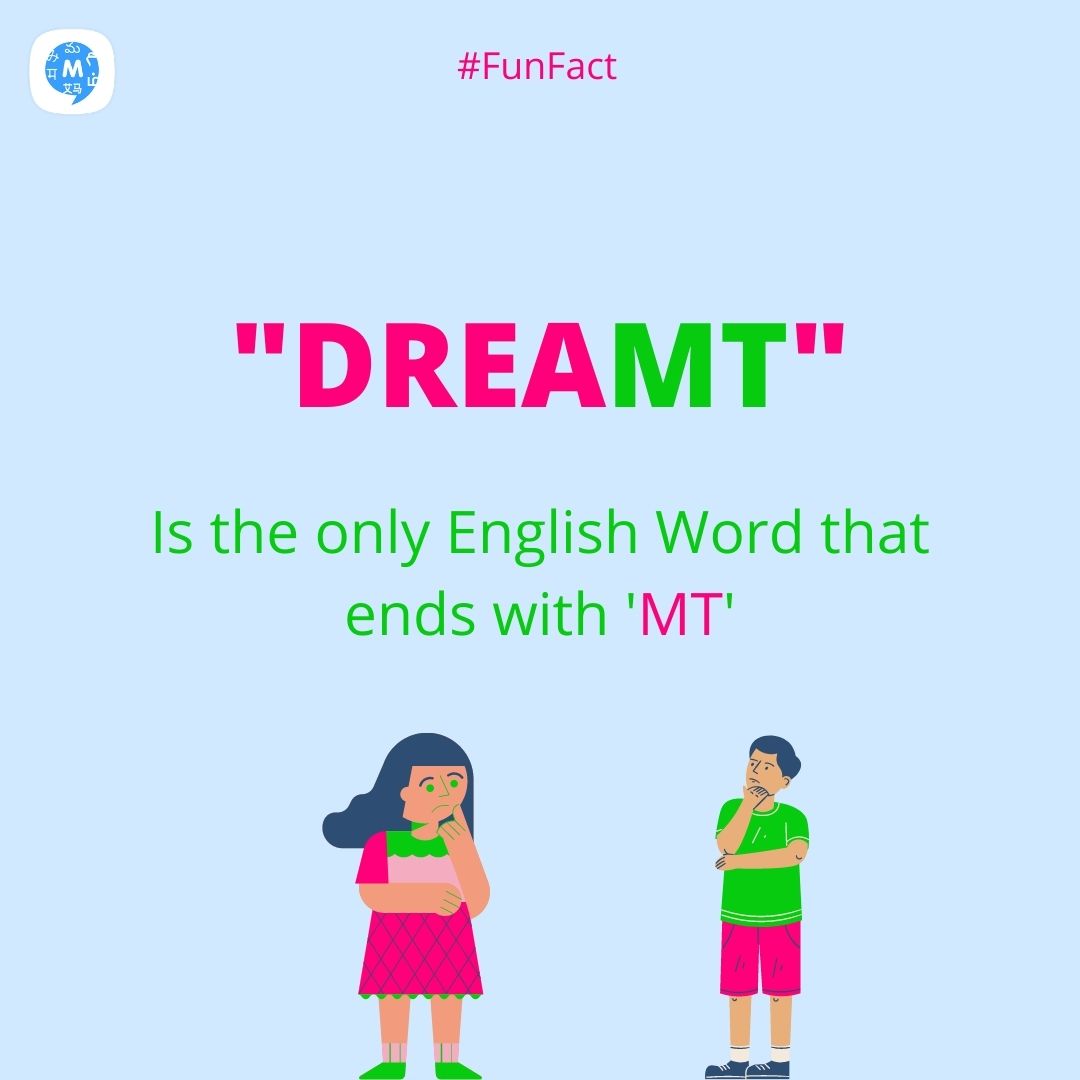 There is only one word in the English language that ends with the letters 'MT'.
Yes, you are not dreaming! 'Dreamt' is the only word in the entirety of the vast English language that ends with 'MT'.
#Multibhashi #TeamMultibhashi #Facts #FunFact #WordFact #FactsForKids