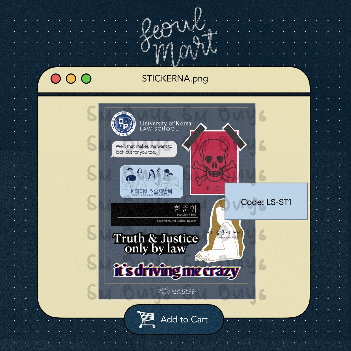 SMBudol's tweet photo. [ law school merch ]

heyo classmates !! dropping you these stickers for you ♡
All of these, are inspired from the series Law School and Yeseul's strong character

note: we also accept special/customized designs https://t.co/o8vvg9dIKI
