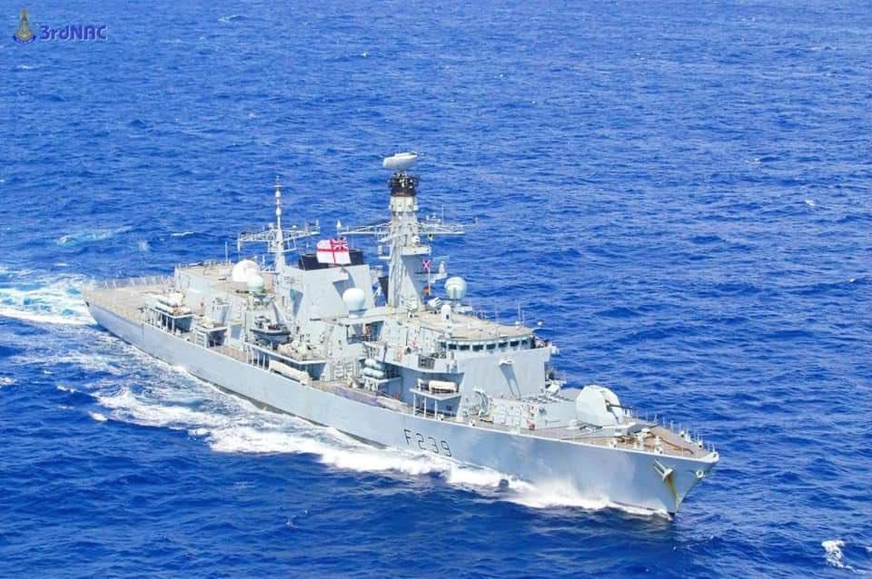 smrmoorhouse's tweet photo. Type 23 @HMS_Richmond exercises with the Royal Thai Navy. The @RoyalNavyβs presence in Southeast Asia demonstrates that the UK is ready to work with partners to strengthen the security and prosperity of the region. #CSG21 #GlobalBritain π¬π§πΉπ https://t.co/chQ2uw8r0i