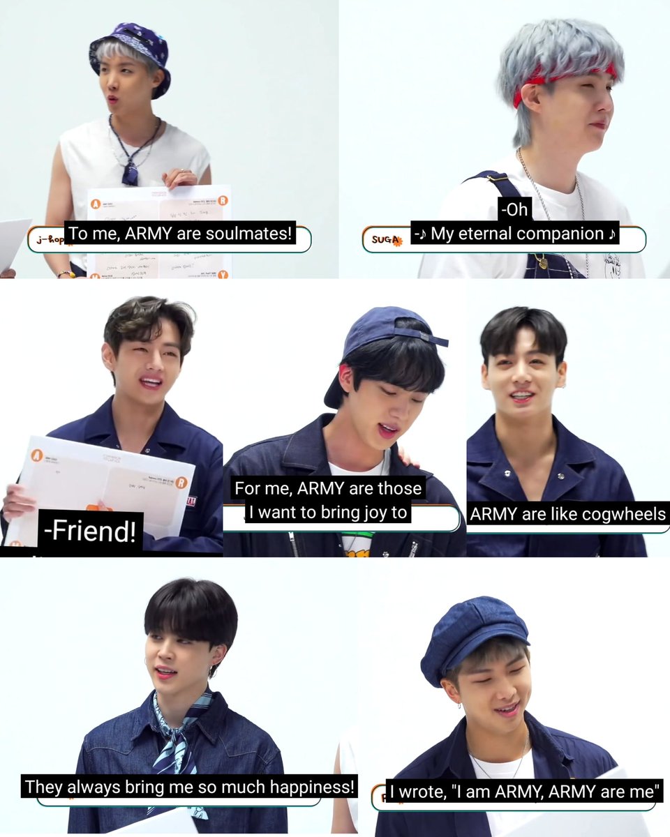 seokjinmylabsss's tweet photo. what is ARMY for bts??

hobi: soulmates 
yoongi: eternal companion
taetae: friend 
seokjin: joy 
jungkook: cogwheels
jiminie: happiness
joon: " I'm ARMY, ARMY are me" https://t.co/4Walm3dMgf