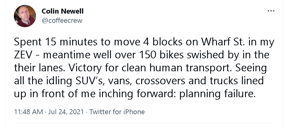 420_Bike_Life's tweet photo. 15 minutes = 4 blocks in his car? #YaSure 
Yes, it was a "planning failure"
Colin expected an quick car ride; on a water view road in a crowded capital city core with road construction ...during tourist season🤣

*ZEV is NOT "clean human transport"
👩‍🦽🚶🛴🛹🛼 #transit #cycling https://t.co/WD2XgYBOFR