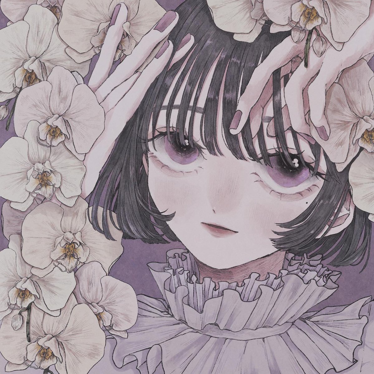 1girl flower solo black hair purple eyes short hair white flower  illustration images