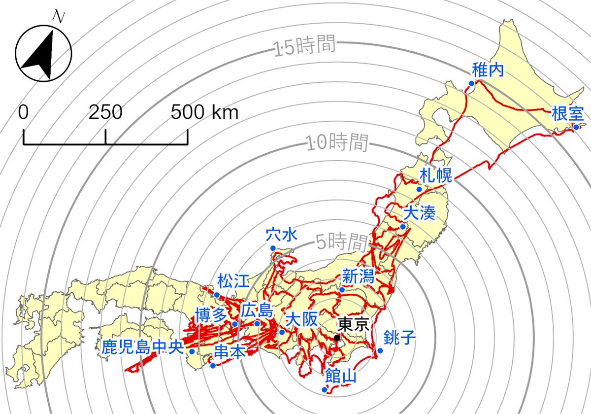 羽田 康祐 地図とgisの人 前回作成した 時間距離 の カルトグラム を改良し 東京駅を中心にした 正距方位図法 の上に 鉄道による移動で1時間を100km相当で描いてみました 方位記号や縮尺記号は一定の誤差を許容した上で正確といえます 地図