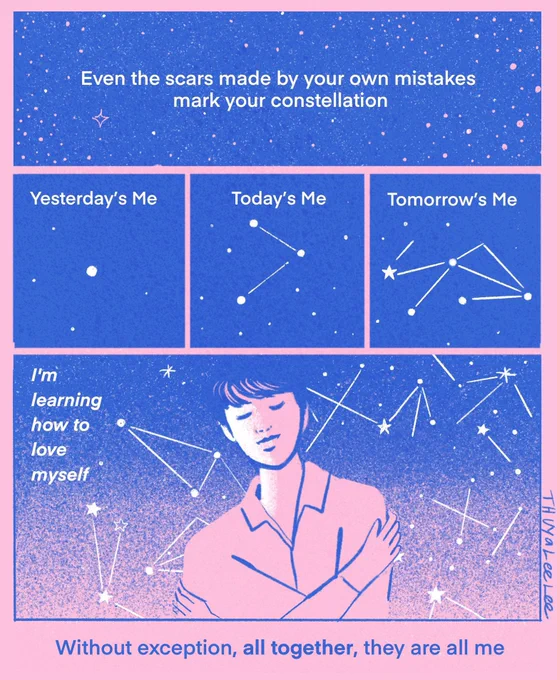 Even the scars made by your own mistakes mark your constellation.✨
- Answer: Love Myself 
#WordsByBangtan 