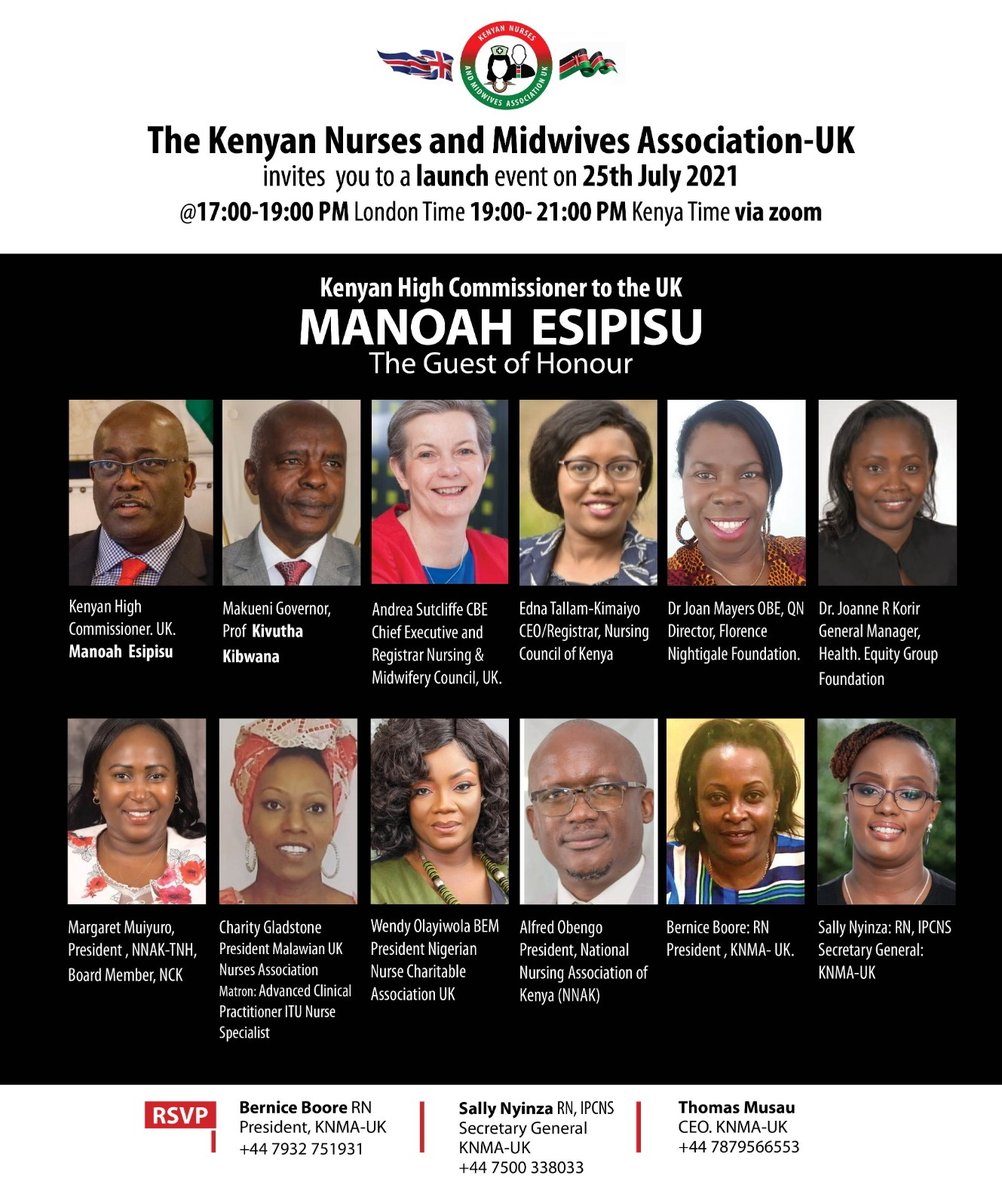 knmuk__'s tweet photo. Todays the day
Dear Kenyan Nurses &amp; Midwives in the UK,
You are invited to the above launch ceremony of our  own UK association taking place on Today @ 17:00-19:00 PM (London Time) 19:00- 21:00 PM (Kenya) via zoom. 
join us by clicking the link below

https://t.co/PmWlPjaNLn https://t.co/GzzuAKnyqY