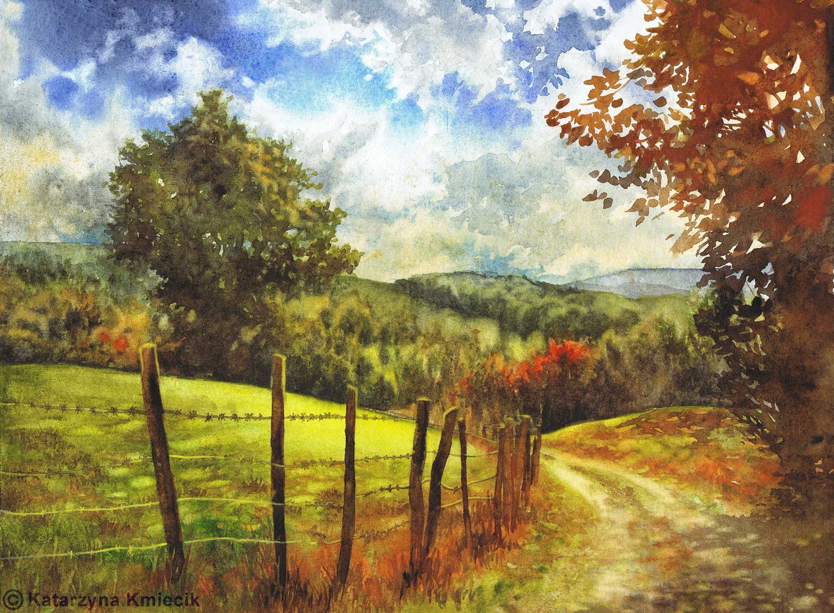 K_KmiecikART's tweet photo. This #painting makes me want to go on vacation and spend a whole day outdoors, enjoying very long walks and painting. I love autumn landscapes! 

"Country Road", #watercolor on paper, 30x40 cm, 2017, SOLD

Signed giclee art prints are available on Etsy:
https://t.co/oGbiaHBEpD https://t.co/hLNBP1roC5