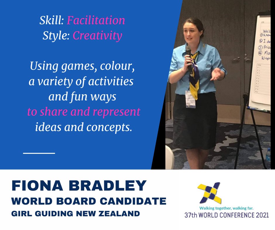 mfau002's tweet photo. Nominated by @GirlGuidingNZ @Fi1950 as a candidate to @wagggsworld World Board shares her core skills &amp; values. Check out #3 #Creativity ~ practices #Facilitation by engaging in learning by doing to share ideas &amp; concepts  #readytolead #37WoCo #WalkingTogetherWalkingFar https://t.co/k0oLclHiWW