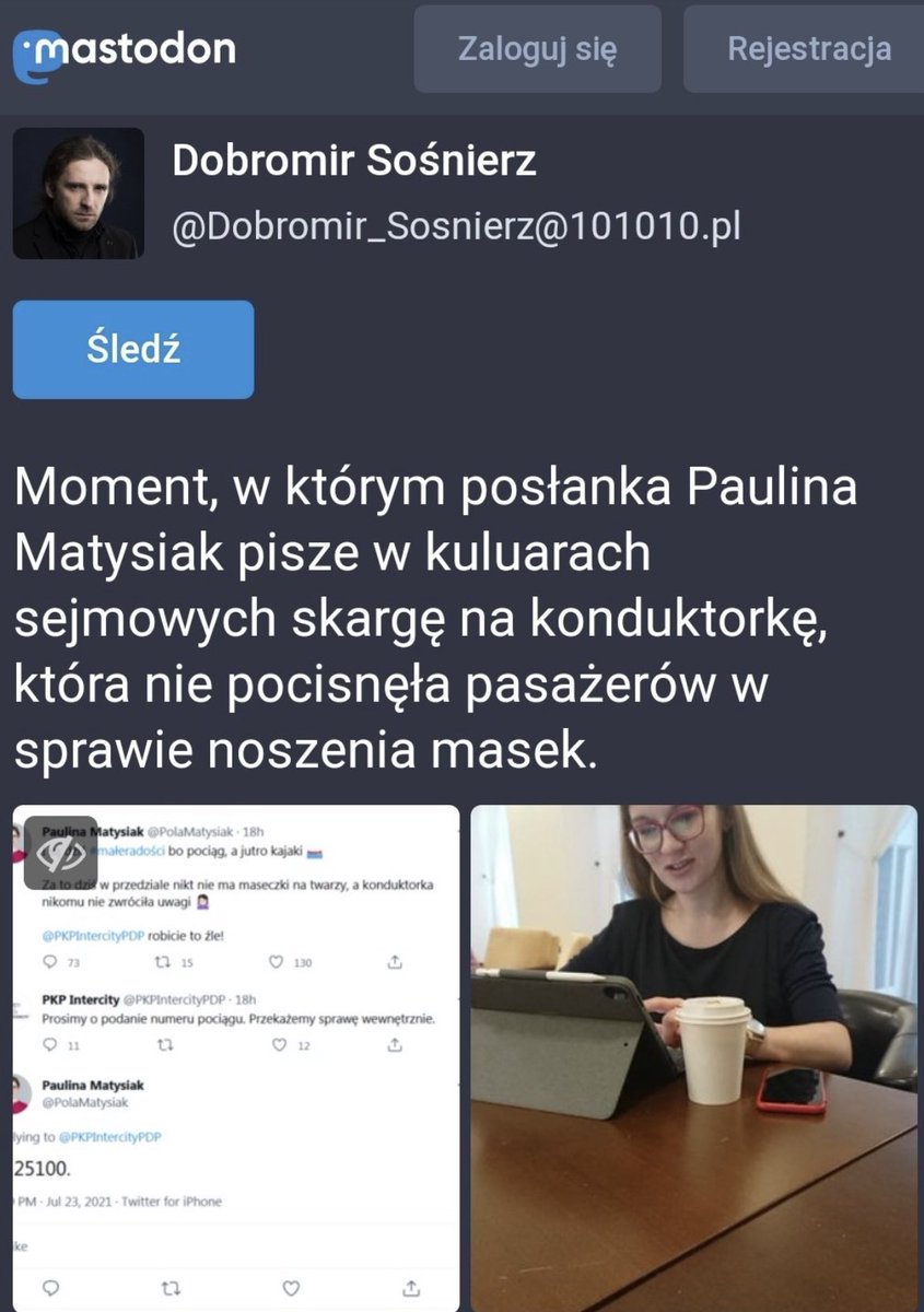 Wolność__Słowa (@wolnosco) on Twitter photo Twitter żyje decyzją pani <a href="/PolaMatysiak/">Paulina Matysiak 🇵🇱</a>, by złożyć skargę na konduktorkę, która nie upomniała pasażerów, którzy nie nosili maseczki
Jedni nazywają hipokrytką (sama wrzuca fotki, w których nie nosi maseczki, a powinna), inni nazywają ją kapusiem…
a ja nazywam ją posłanką Lewicy Twitter żyje decyzją pani <a href="/PolaMatysiak/">Paulina Matysiak 🇵🇱</a>, by złożyć skargę na konduktorkę, która nie upomniała pasażerów, którzy nie nosili maseczki
Jedni nazywają hipokrytką (sama wrzuca fotki, w których nie nosi maseczki, a powinna), inni nazywają ją kapusiem…
a ja nazywam ją posłanką Lewicy