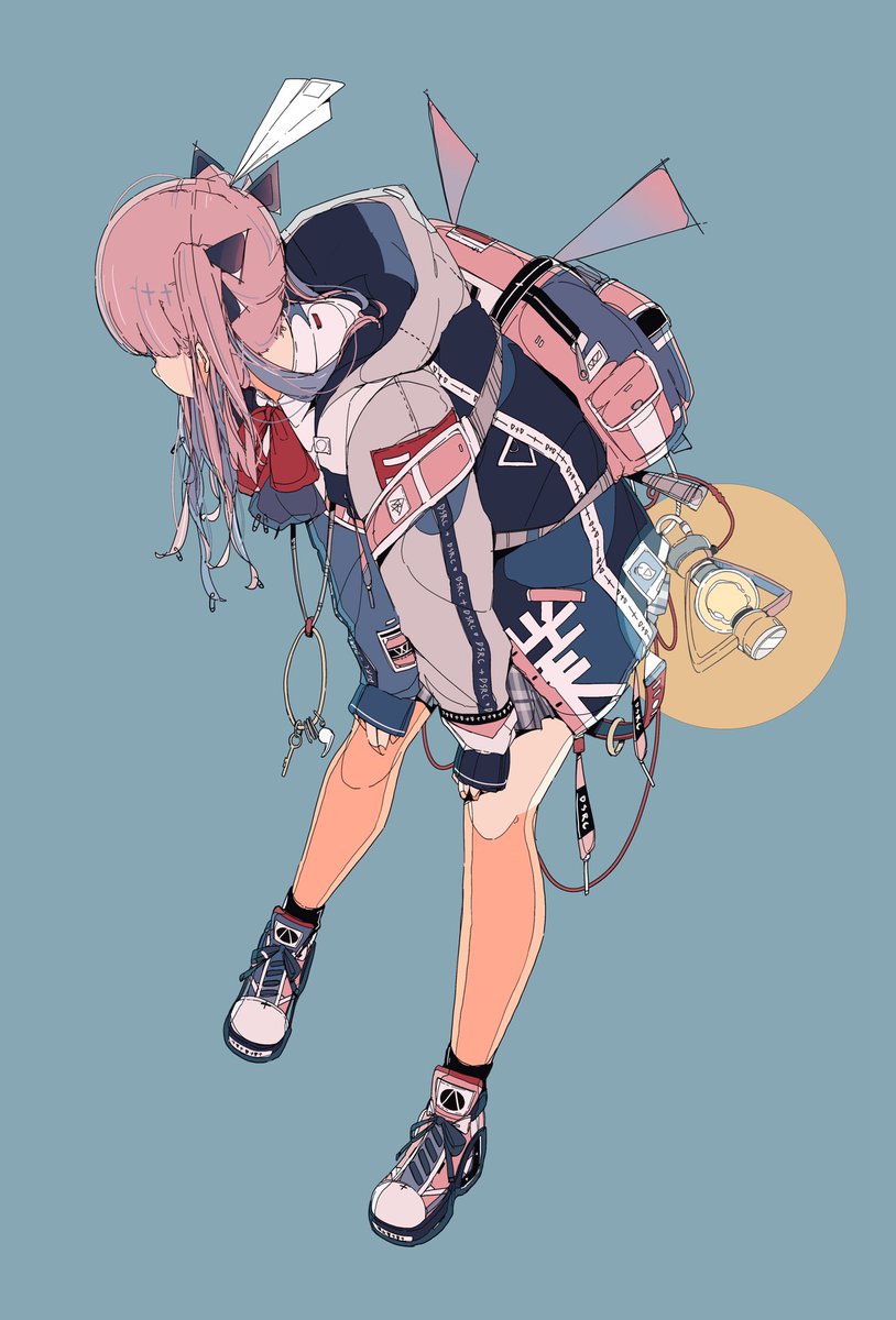 1girl flat color solo backpack limited palette shoes pink hair  illustration images